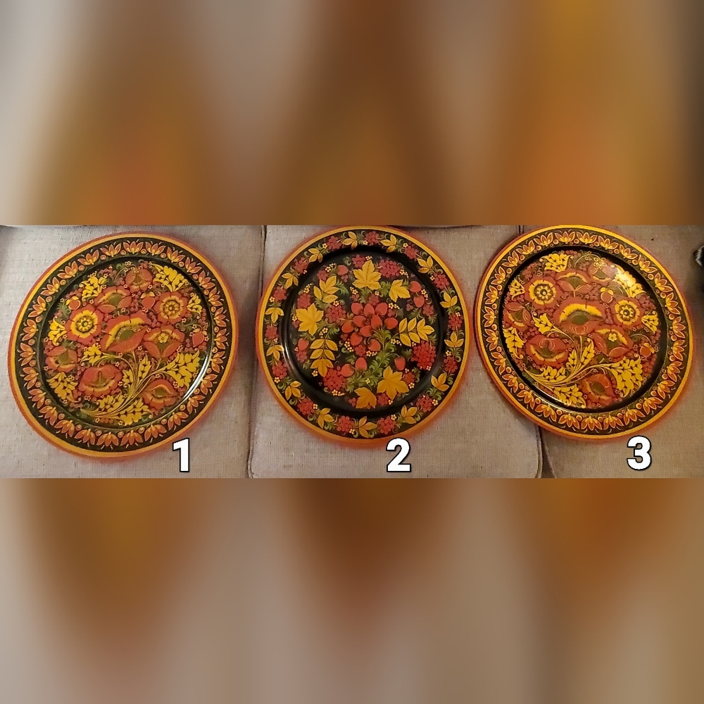 Vntg Russian "Khokhloma" Wooden Platter 16.5", Signed,Hand Painted, Choice of 3